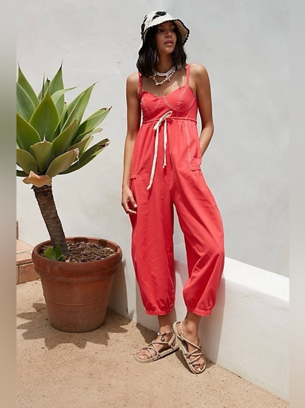 NWT Free People Women's City Sleek Drawstring Jumpsuit XS Red/Pink